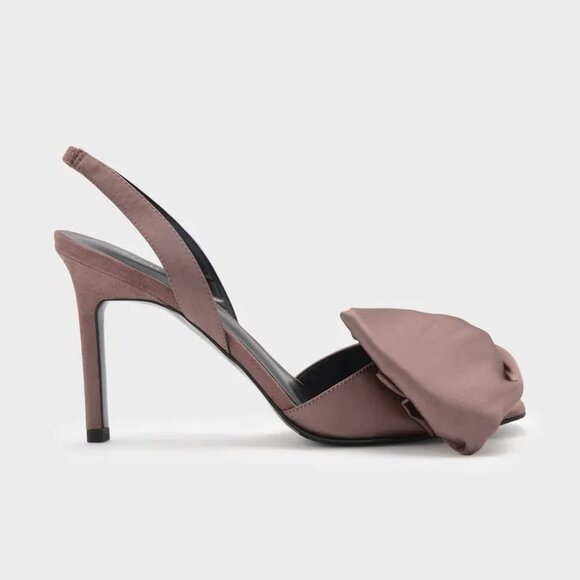 Charles & Keith Oversized Bow Detail Satin Slingbacks, Nude/Brown - Brand New - Picture 3 of 8